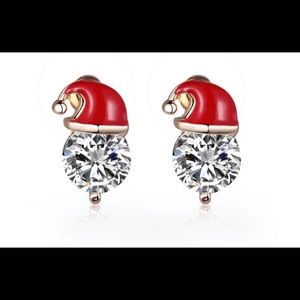 RED ROUND BRILLIANT CRYSTAL SANTA HAT CHRISTMAS STUD EARRINGS